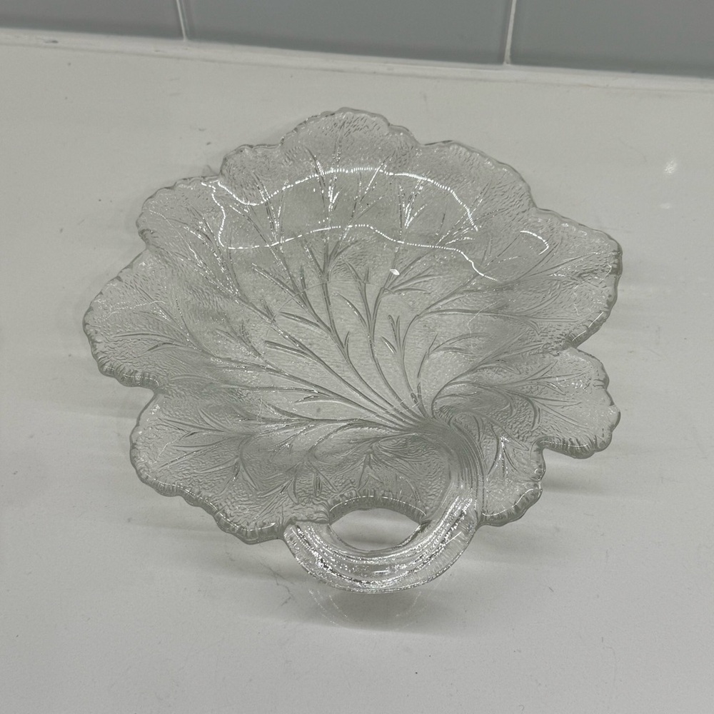 Vintage MCM 1950s Leaf Candy Dish Shallow Clear Pressed Glass with Handle